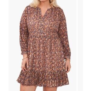 Vince Camuto Split Neck Long Sleeve Dress Women's Small Navy Brown Gold Metallic